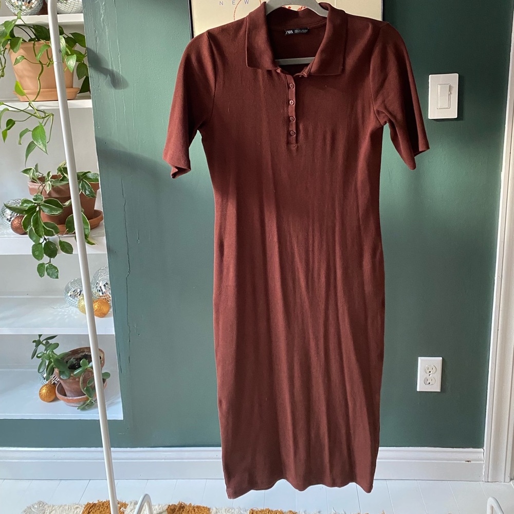 Zara Midi Brown Collared Shirt Dress